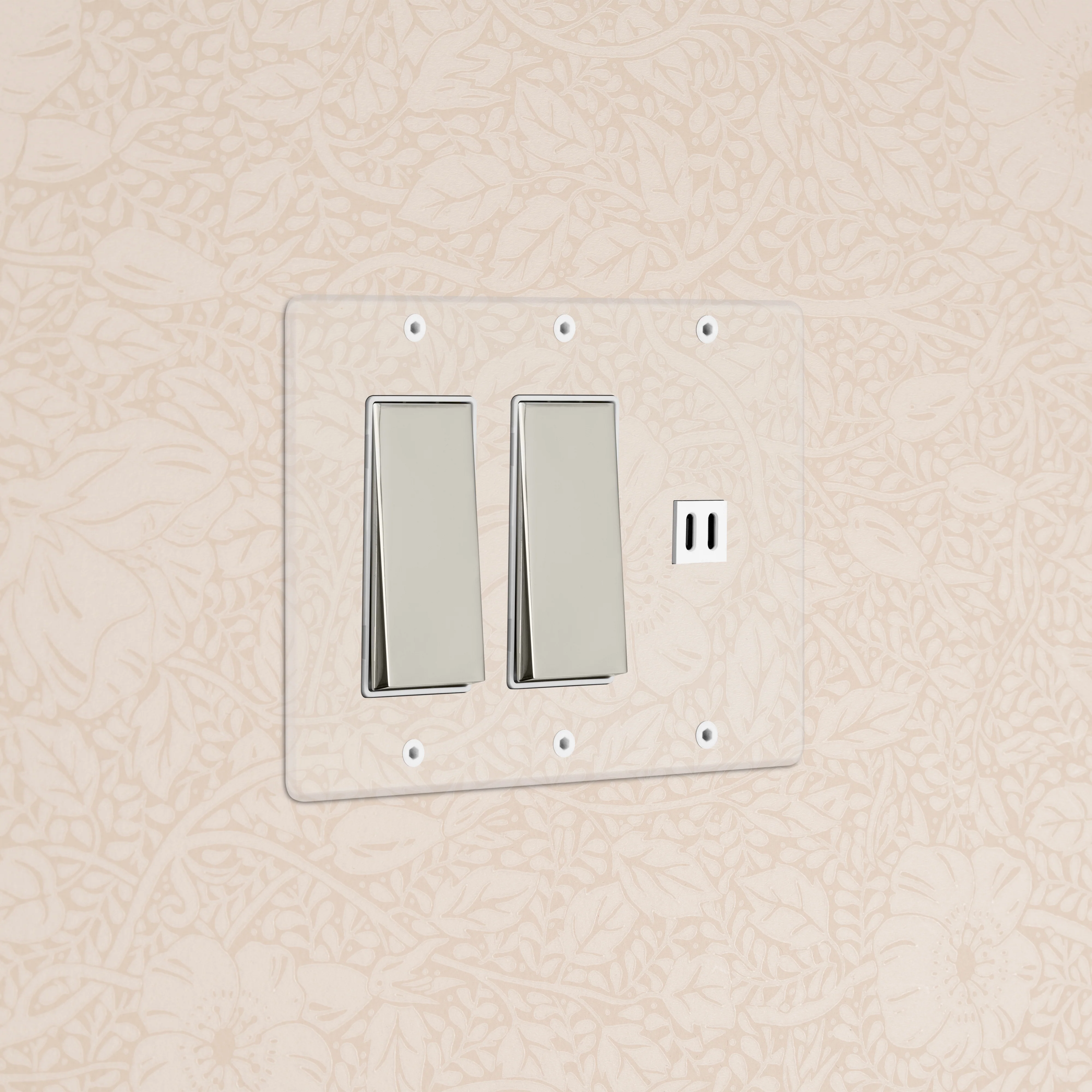 Kew 3G 2x Rocker Switch & Fast Charge USB - Clear Polished Nickel White